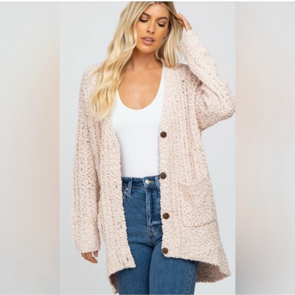 Miracle USA Cream‎ Popcorn Knit Oversized Button Front Cardigan Sweater SM